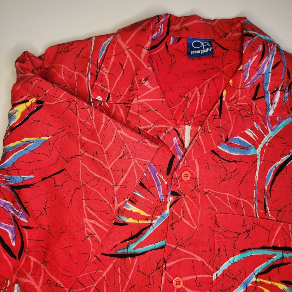 Vtg 80s OP Ocean Pacific Hawaiian Shirt Red Floral Bold Colorful Mens S